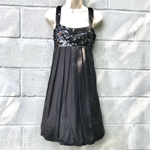 HANNAH JO Bubble Hem Silk Dress L Black Sequin Top Babydoll Size Large - Picture 10 of 15